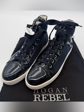Hogan Rebel Patent Leather High Top Sneakers Black Size 9.5 Italy
